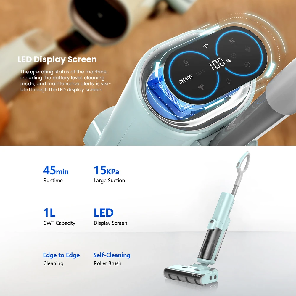 Proscenic WashVac F20 Cordless Wet Dry Vacuum Cleaner, Self-Cleaning, 15KPa Suction, 1L Water Tank, 4000mAh Detachable Battery, 45Mins Runtime, LED Display, App/Voice Control - Blue