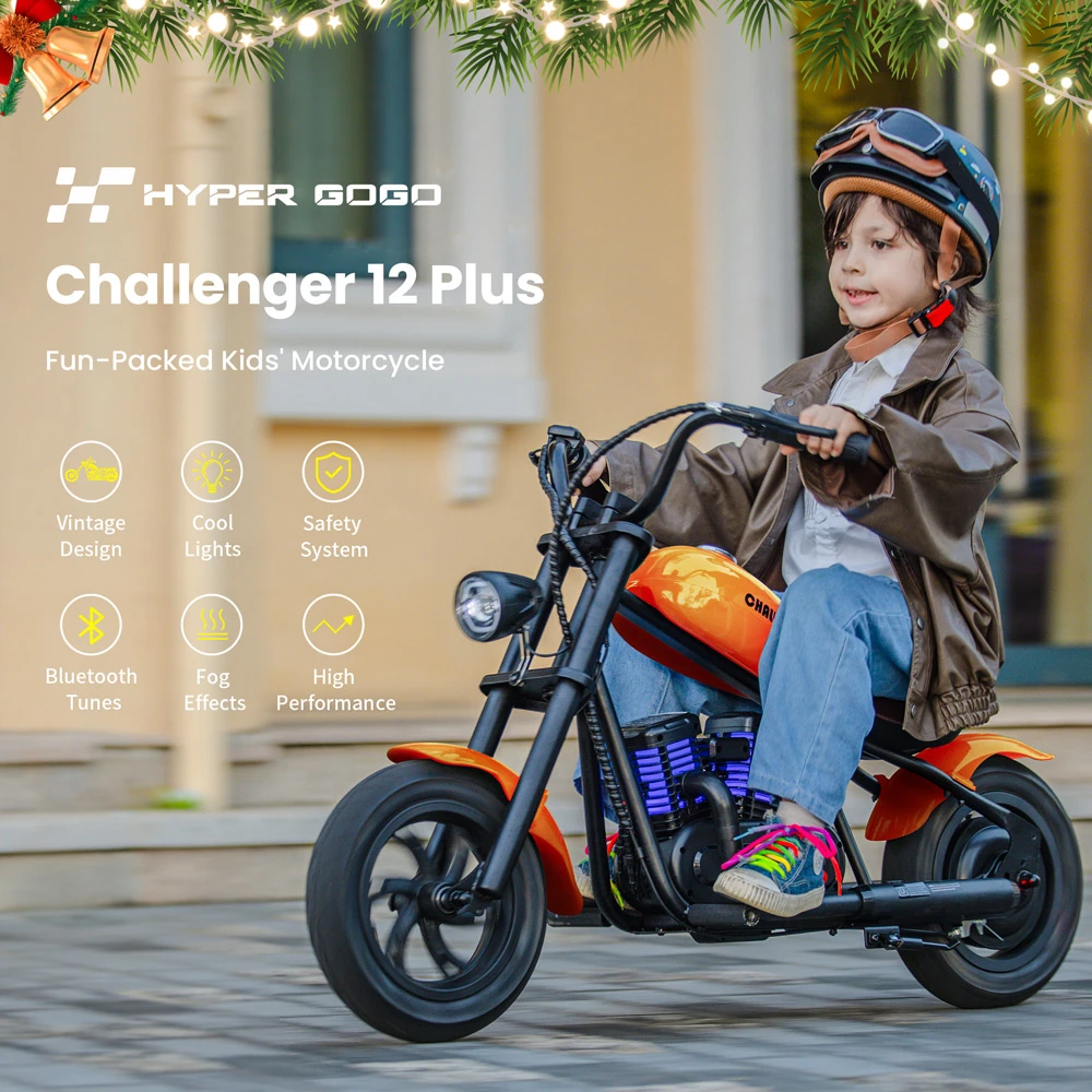 HYPER GOGO Challenger 12 Plus elektrinis motociklas vaikams 12 colių pneumatinės padangos su "Bluetooth" garsiakalbiu imituojamu rūku - juodas