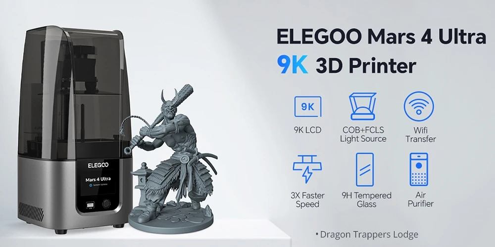 ELEGOO Mars 4 Ultra Resin 3D Printer, 7-inch 9K Mono LCD, 30-70mm/h Printing Speed, 4-Point Leveling, ACF Release Liner Film, Air Purifier, Wi-Fi Connection, Linux OS, 153.36x77.76x165mm
