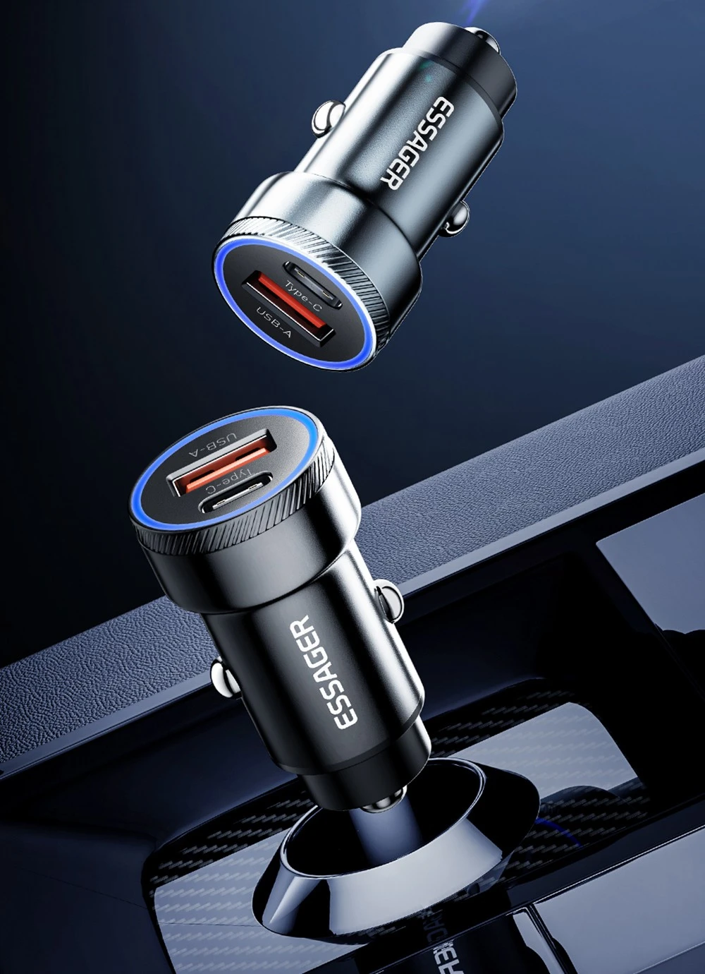 ESSAGER 54W-os autós töltő USB-A és USB-C portokkal, gyorstöltéssel