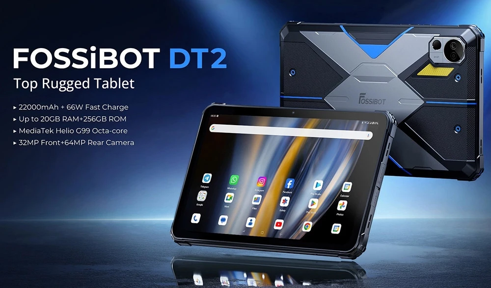 FOSSiBOT DT2 Rugged Tablet, Android 13.0, 10.4'' 2K IPS Touchscreen, MT8781 Octa Core 2.0GHz, 12GB RAM 256GB ROM, WiFi6 Bluetooth5.0, 64MP+32MP Camera, 22000mAh Battery 66W Fast Charging, 1W LED Flasher, Water/Dust/Shock-proof, Face ID Unlock - Blue