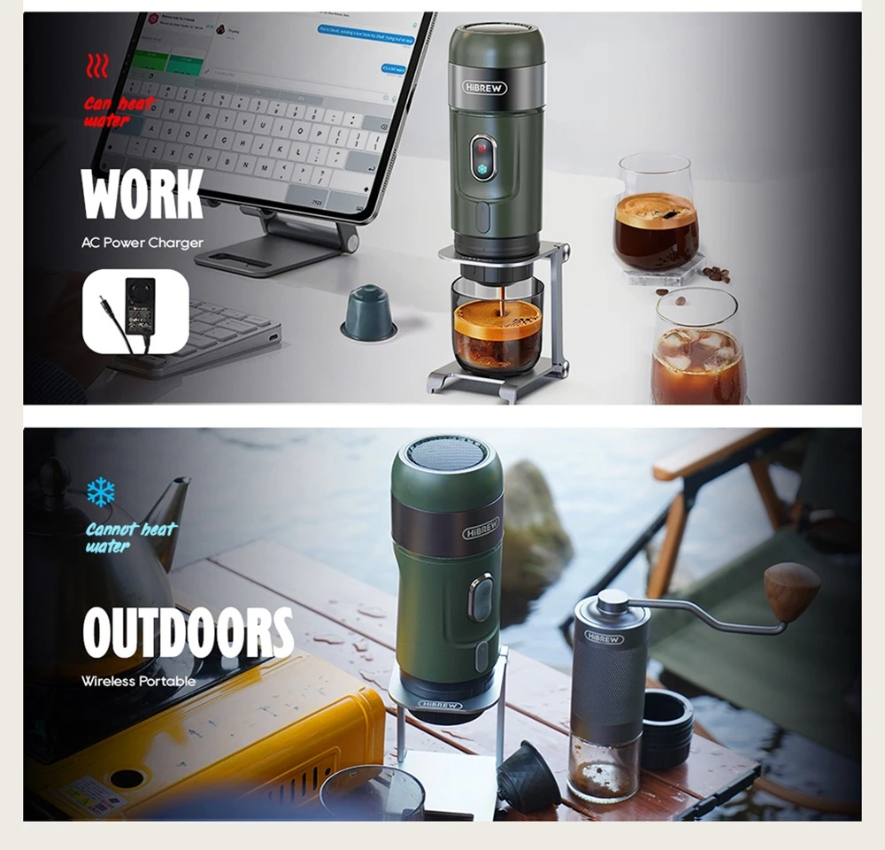 HiBREW H4B Ασύρματη φορητή καφετιέρα εσπρέσο 3 σε 1, πίεση 15 bar, επαναφορτιζόμενη μπαταρία 2200mAh, με βραχίονα τσάντας αποθήκευσης προσαρμογέα