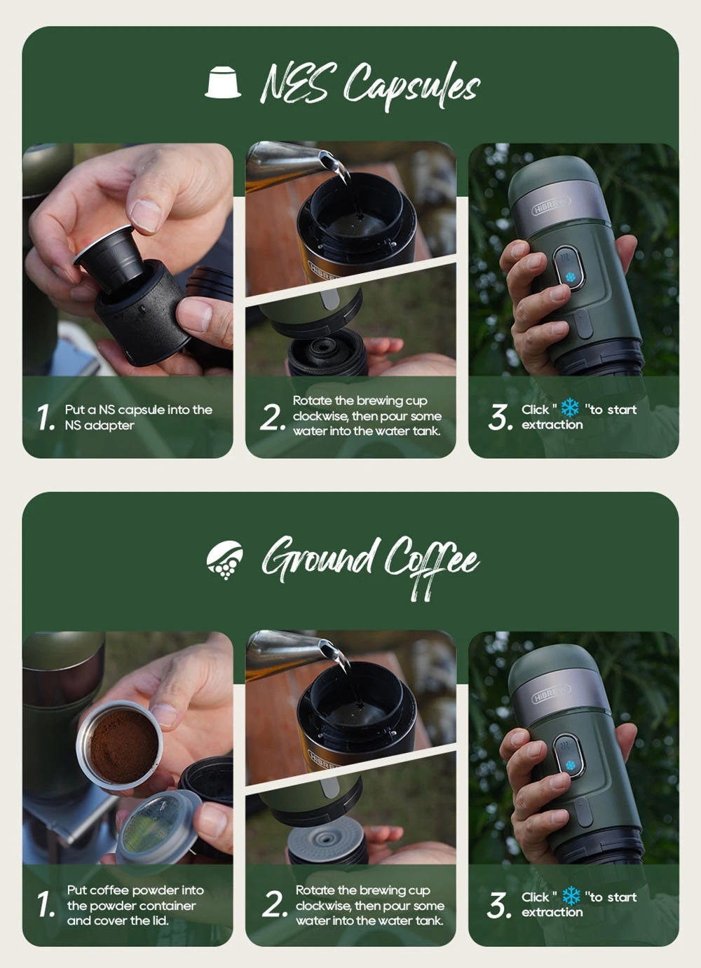 HiBREW H4B Ασύρματη φορητή καφετιέρα εσπρέσο 3 σε 1, πίεση 15 bar, επαναφορτιζόμενη μπαταρία 2200mAh, με βραχίονα τσάντας αποθήκευσης προσαρμογέα