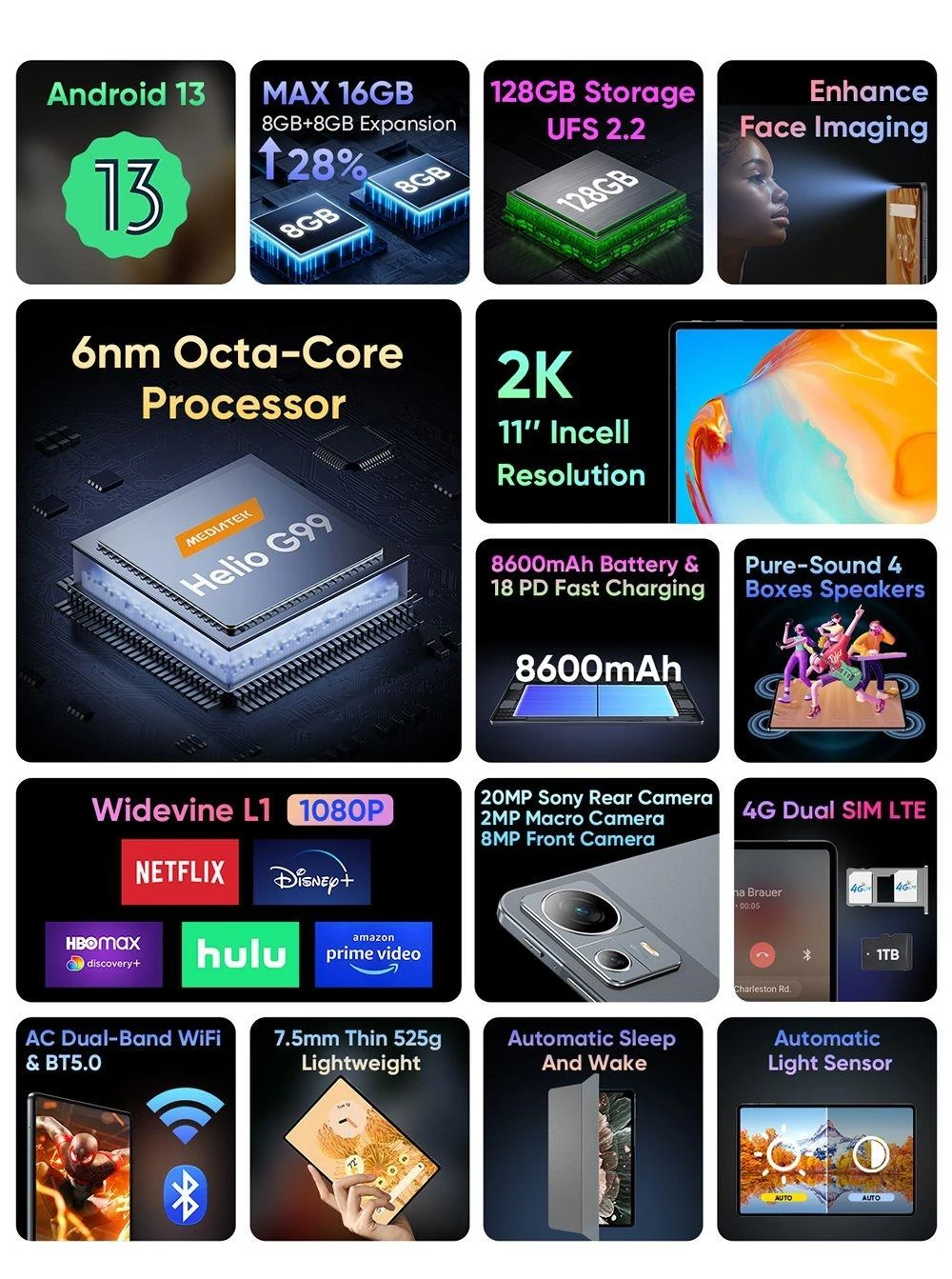 N-one NPad X1 Android 13 Tablet, 11-inch 2K IPS Screen, MTK Helio G99 Octa-Core, 8GB RAM 128GB UFS ROM, 2.4/5G Dual-band WiFi Bluetooth 5.0, 8600mAh Battery 18 PD Fast Charging, 4G Dual SIM LTE, GPS/Galileo/GLONASS/BDS, Face Recognition, Widevine L1