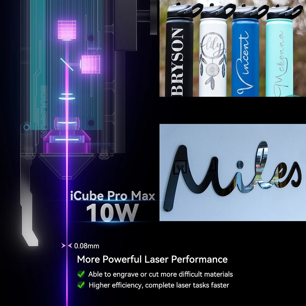 Graveur laser SCULPFUN iCube Pro Max 10 W, point laser 0,08 mm, vitesse de gravure 10 000 mm/min, carte mère 32 bits, objectif remplaçable, filtre anti-fumée, alarme de température, connexion à l'application, 120 x 120 mm - Prise UE