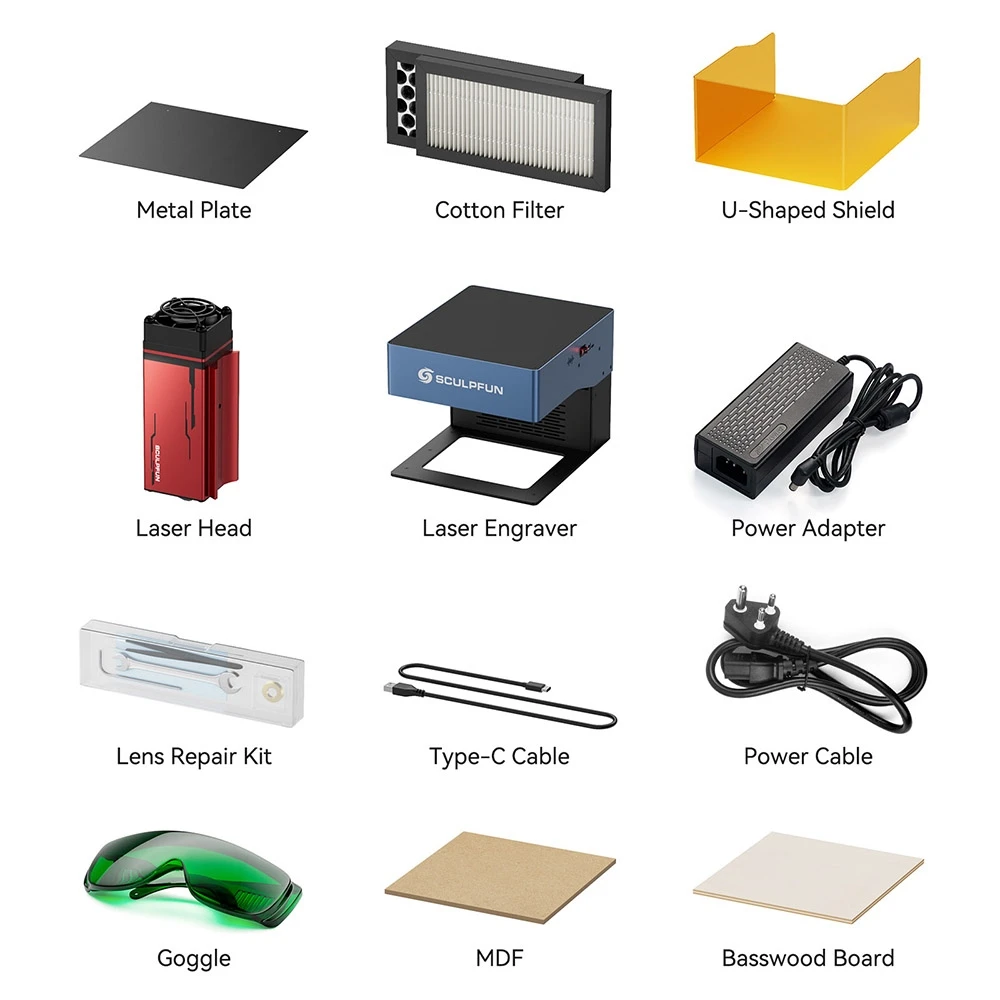 Graveur laser SCULPFUN iCube Pro Max 10 W, point laser 0,08 mm, vitesse de gravure 10 000 mm/min, carte mère 32 bits, objectif remplaçable, filtre anti-fumée, alarme de température, connexion à l'application, 120 x 120 mm - Prise UE