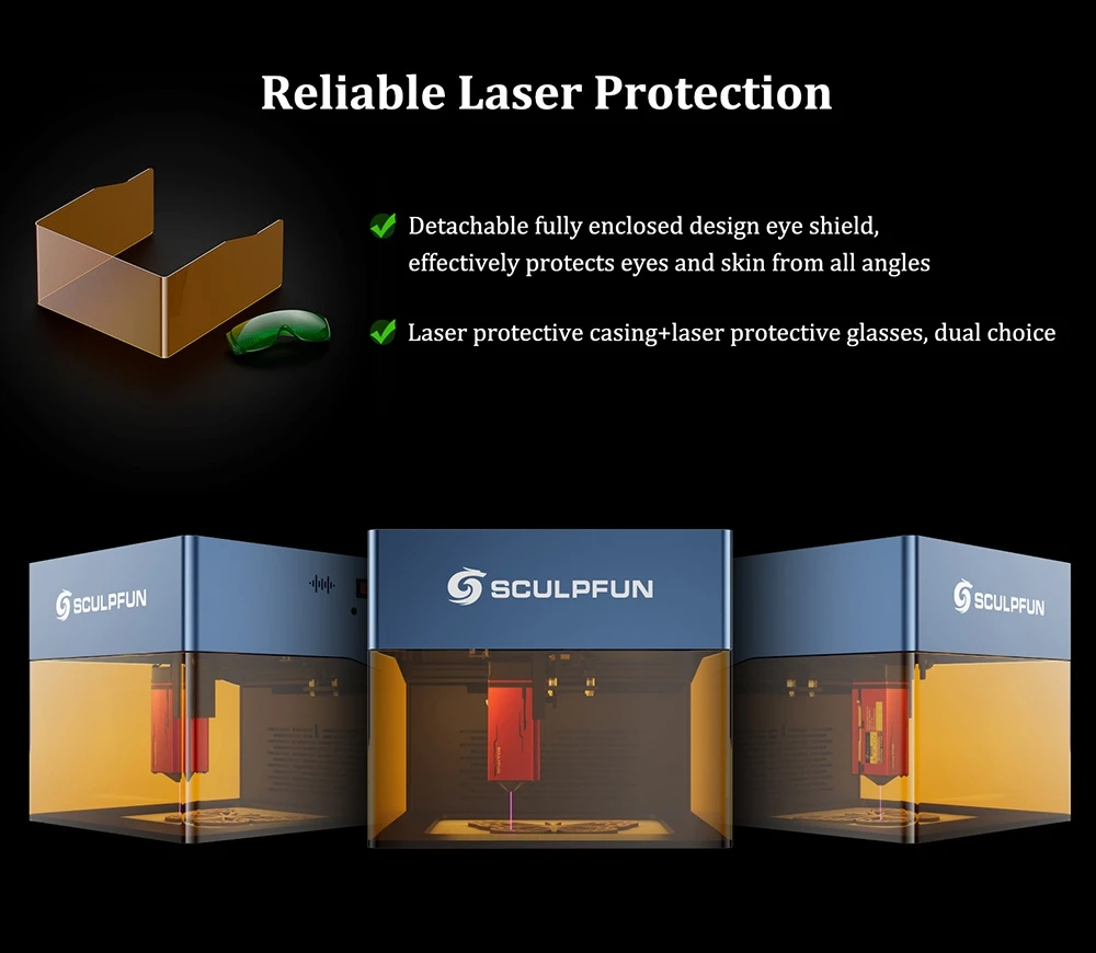 Graveur laser SCULPFUN iCube Pro Max 10 W, point laser 0,08 mm, vitesse de gravure 10 000 mm/min, carte mère 32 bits, objectif remplaçable, filtre anti-fumée, alarme de température, connexion à l'application, 120 x 120 mm - Prise UE