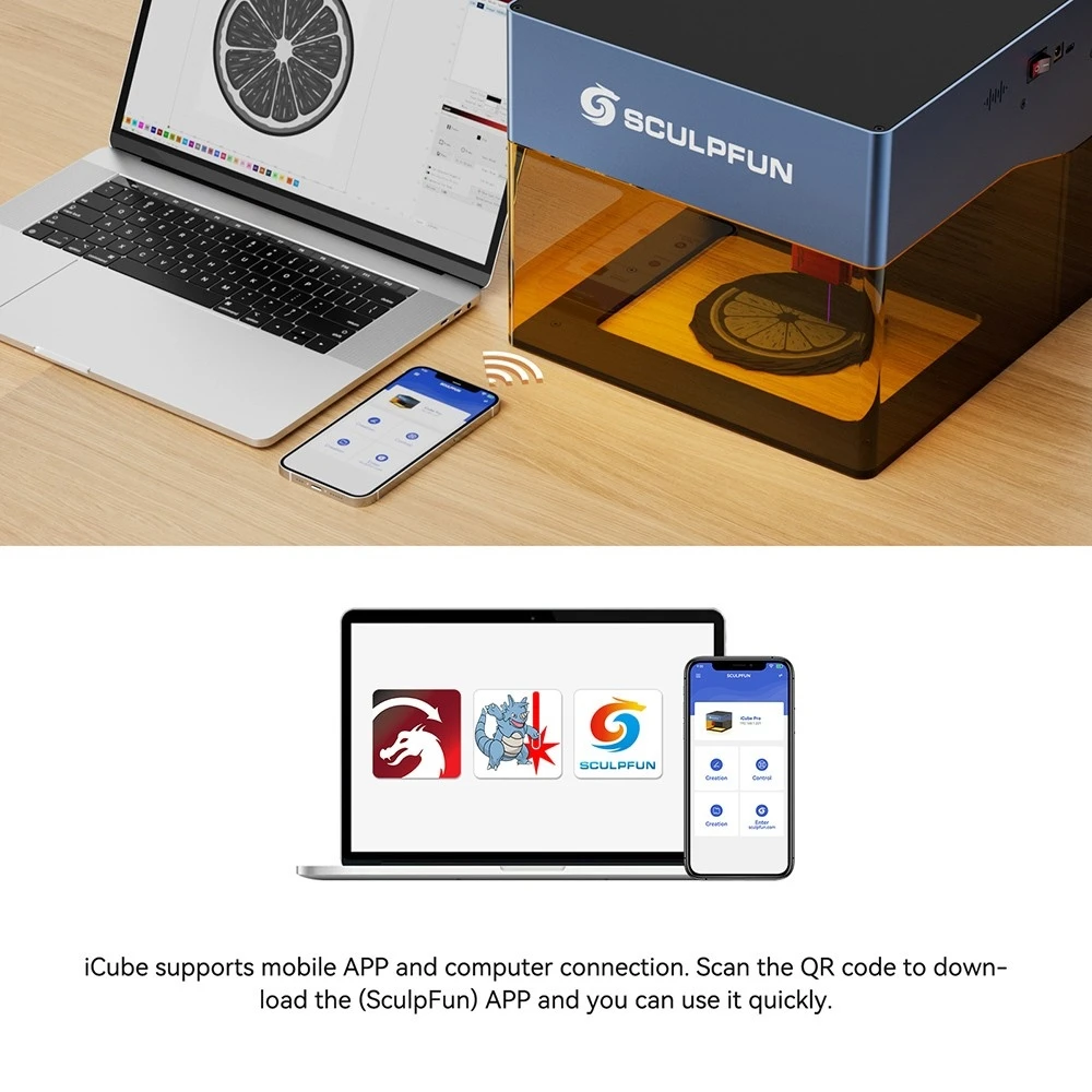 Graveur laser SCULPFUN iCube Pro Max 10 W, point laser 0,08 mm, vitesse de gravure 10 000 mm/min, carte mère 32 bits, objectif remplaçable, filtre anti-fumée, alarme de température, connexion à l'application, 120 x 120 mm - Prise UE