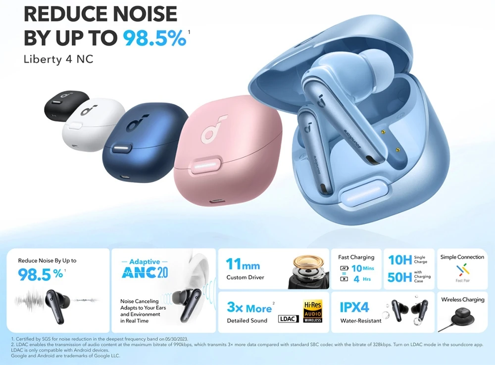 Soundcore Liberty 4 NC Earbuds TWS Headphones, Adaptive ANC 2.0, Bluetooth 5.3, IPX4 Waterproof, Fast Charging - Blue
