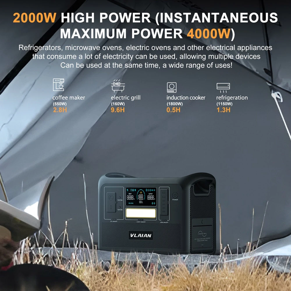 VLAIAN W2000 Portable Power Station, 1536Wh LiFePo4 Solar Generator, 2000W AC Output, 1.5 Hours Fast Charging, PD 100W USB-C, UPS Function, LED Light, 13 Outputs - Black