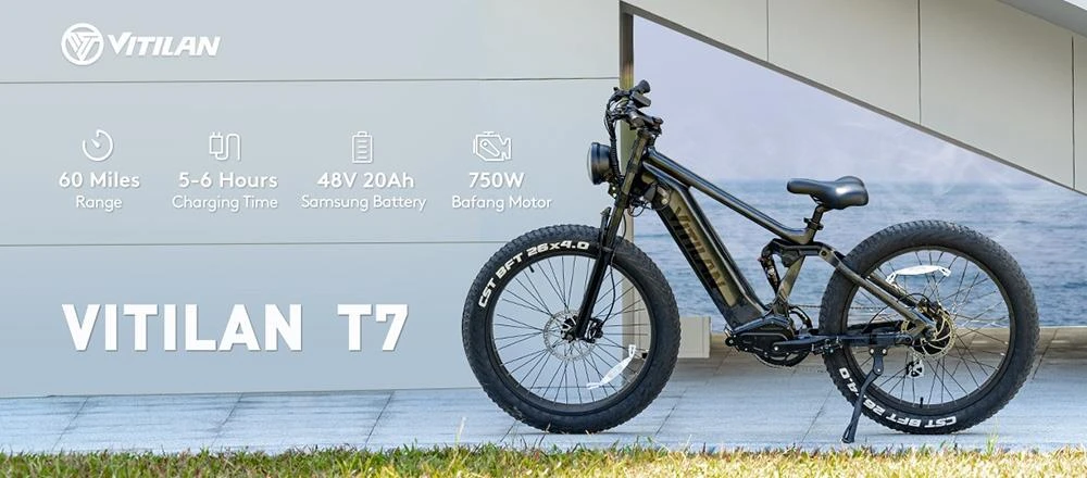 Vitilan T7 Mountain Electric Bike, 26*4.0-inch CST Fat Tires 750W Bafang Motor 48V 20Ah Battery 28mph Max Speed 80miles Max Range Backlit LCD Display Front & Rear Hydraulic Disc Brakes SHIMANO 8-Speed - Black