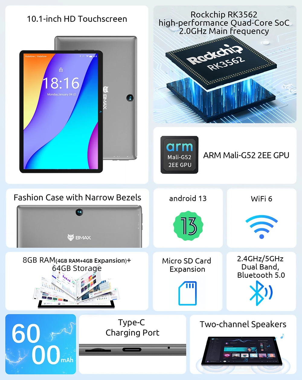 BMAX MaxPad i9 Plus Tablet, 10.1-inch 1280x800 16:10 IPS Touch Screen, RK3562 Quad Core 1.8GHz, 8GB(4GB+4GB Expand) RAM 64GB ROM, 2.4/5GHz Wi-Fi 6, BT5.0, 2MP+5MP Cameras, Type-C Micro SD 3.5mm Headset Jack, 5000mAh Battery, Android 12 Multi-language