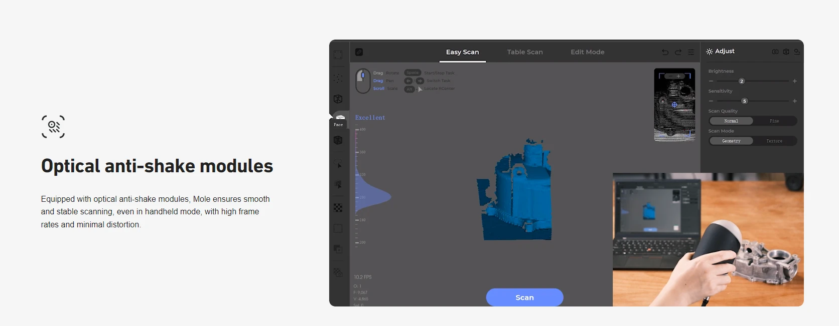 3DMakerpro Mole 3D Scanner Premium Edition, 0.05mm Accuracy, 0.1mm Resolution, 10fps Frame Rate, Visual Tracking, Facial Scanning, Anti-Shake, 200x100mm Single Capture Range, with Turntable