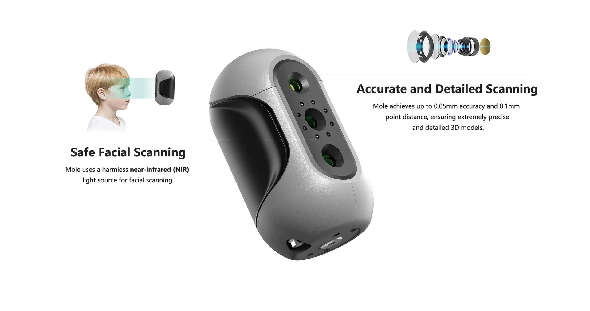 3DMakerpro Mole 3D Scanner Premium Edition, 0.05mm Accuracy, 0.1mm Resolution, 10fps Frame Rate, Visual Tracking, Facial Scanning, Anti-Shake, 200x100mm Single Capture Range, with Turntable