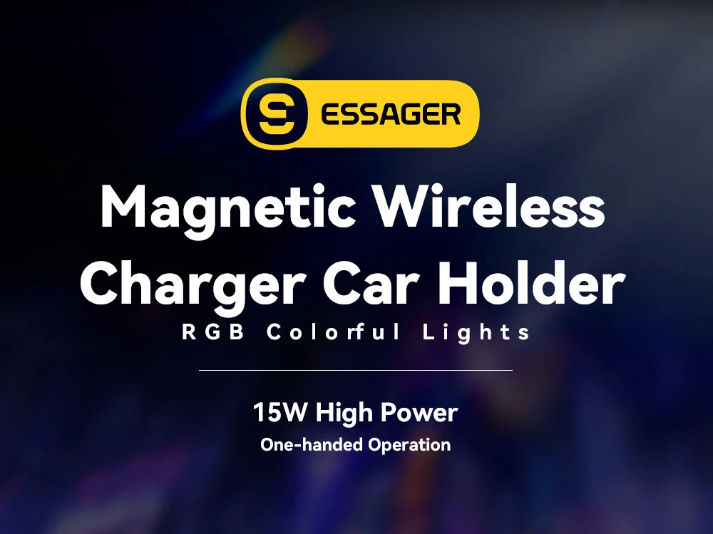 ESSAGER 15W RGB Magnetic Wireless Charger Car Holder, for iPhone 15 14 Pro Max Samsung Xiaomi Smartphone