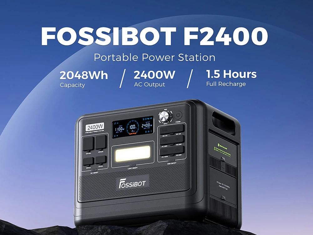 FOSSiBOT F2400 Portable Power Station + FOSSiBOT SP200 18V 200W Foldable Solar Panel, 2048Wh/640000mAh LiFePO4 Battery, 2400W(4600W Peak) Solar Generator, 3xAC RV Car USB Type-C QC3.0 PD DC5521 Pure Sine Wave Full Outlets, 1.5 Hours Fast Charging
