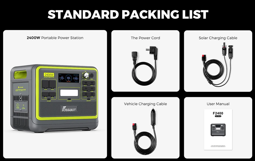 FOSSiBOT F2400 Portable Power Station + FOSSiBOT SP200 18V 200W Foldable Solar Panel, 2048Wh/640000mAh LiFePO4 Battery, 2400W(4600W Peak) Solar Generator, 3xAC RV Car USB Type-C QC3.0 PD DC5521 Pure Sine Wave Full Outlets, 1.5 Hours Fast Charging