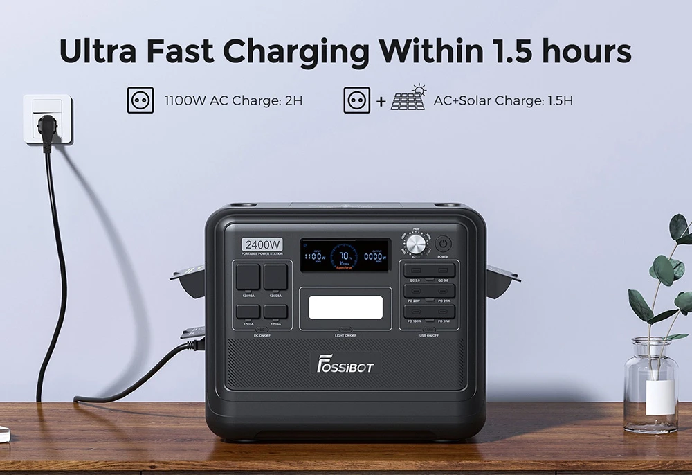 FOSSiBOT F2400 Portable Power Station + FOSSiBOT SP200 18V 200W Foldable Solar Panel, 2048Wh/640000mAh LiFePO4 Battery, 2400W(4600W Peak) Solar Generator, 3xAC RV Car USB Type-C QC3.0 PD DC5521 Pure Sine Wave Full Outlets, 1.5 Hours Fast Charging