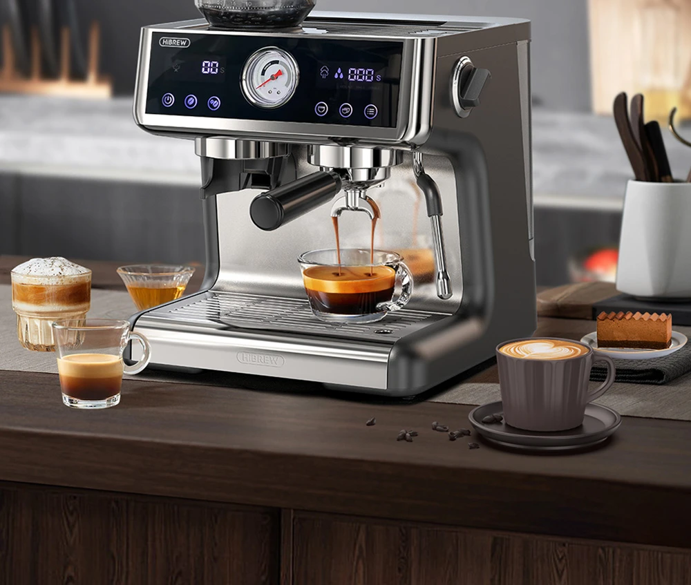 HiBREW H7A Coffee Maker Espresso Machine, 20 Bar Pressure, Dual Boiler System, 30 Levels Grinder, 250g Coffee Bean Capacity, LCD Touch Screen