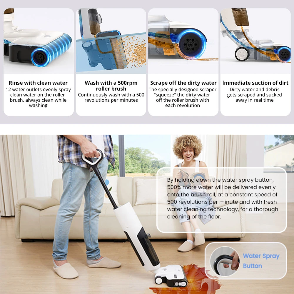 Proscenic F10 Cordless Wet Dry Vacuum Cleaner, Self-Cleaning, Self-Drying, 650ml Water Tank, Max 30min Runtime, 2500mAh Battery, LED Display, Voice Control