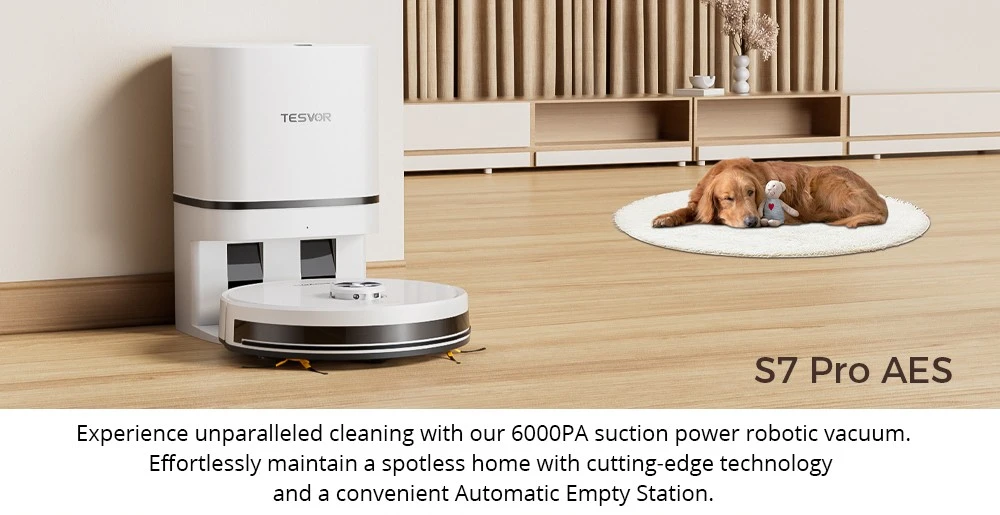 Tesvor S7 Pro AES Robot Vacuum Cleaner with Automatic Empty Station, Mopping Function, 6000Pa Suction, Laser Navigation, 600ml Dustbin, 2.8L Dust Bag, 180Mins Runtime, App Control / Remote Control - White