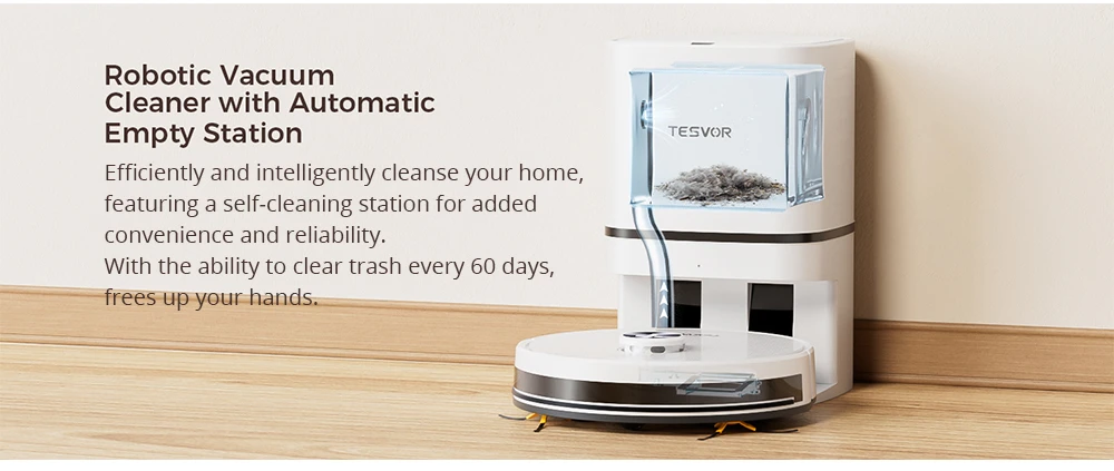 Tesvor S7 Pro AES Robot Vacuum Cleaner with Automatic Empty Station, Mopping Function, 6000Pa Suction, Laser Navigation, 600ml Dustbin, 2.8L Dust Bag, 180Mins Runtime, App Control / Remote Control - White