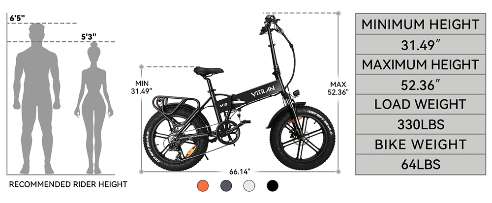 Vitilan V3 Electric Bike, 20*4'' Fat Tires 750W Brushless Motor 48V 13Ah Battery 45miles Range Disc Brakes Shimano 7 Speed LCD Display - Black