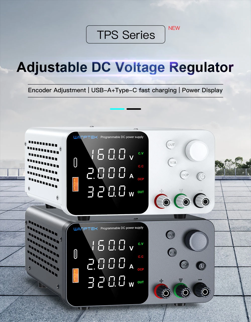 Alimentation CC régulée réglable WANPTEK TPS1602, 160 V 2 A, réglage de l'encodeur, charge rapide USB Type-C, affichage à 4 chiffres, faible bruit, commutation A/V, ventilateur de refroidissement, noir - Prise UE