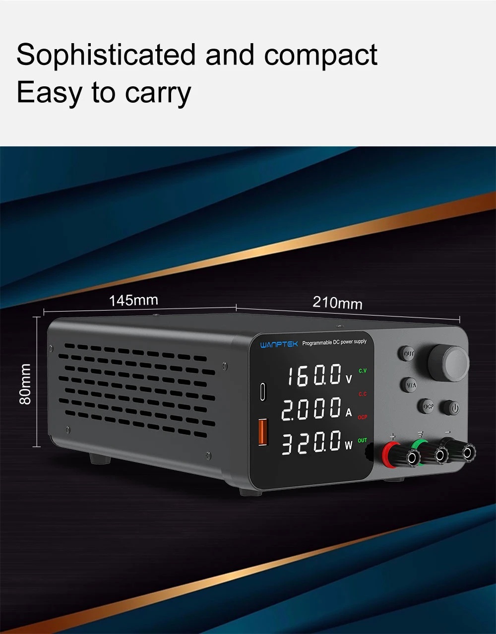 Alimentation CC régulée réglable WANPTEK TPS1602, 160 V 2 A, réglage de l'encodeur, charge rapide USB Type-C, affichage à 4 chiffres, faible bruit, commutation A/V, ventilateur de refroidissement, noir - Prise UE