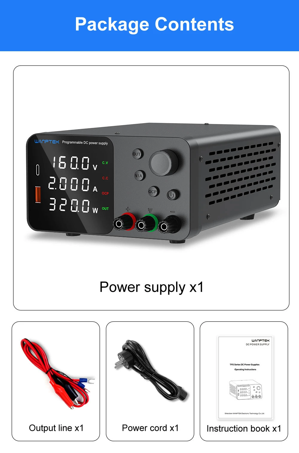 Alimentation CC régulée réglable WANPTEK TPS1602, 160 V 2 A, réglage de l'encodeur, charge rapide USB Type-C, affichage à 4 chiffres, faible bruit, commutation A/V, ventilateur de refroidissement, noir - Prise UE