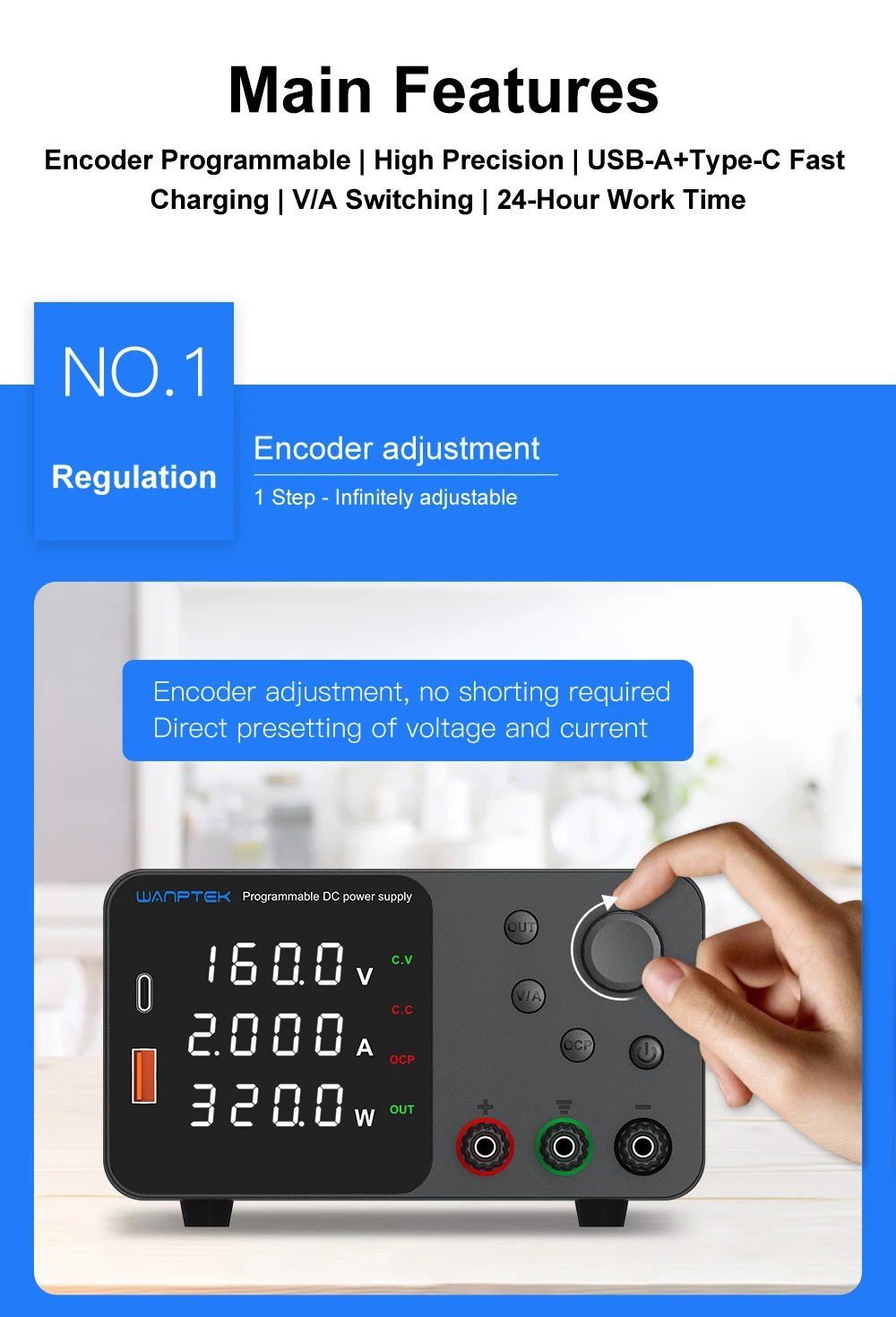 Alimentation CC régulée réglable WANPTEK TPS1602, 160 V 2 A, réglage de l'encodeur, charge rapide USB Type-C, affichage à 4 chiffres, faible bruit, commutation A/V, ventilateur de refroidissement, noir - Prise UE