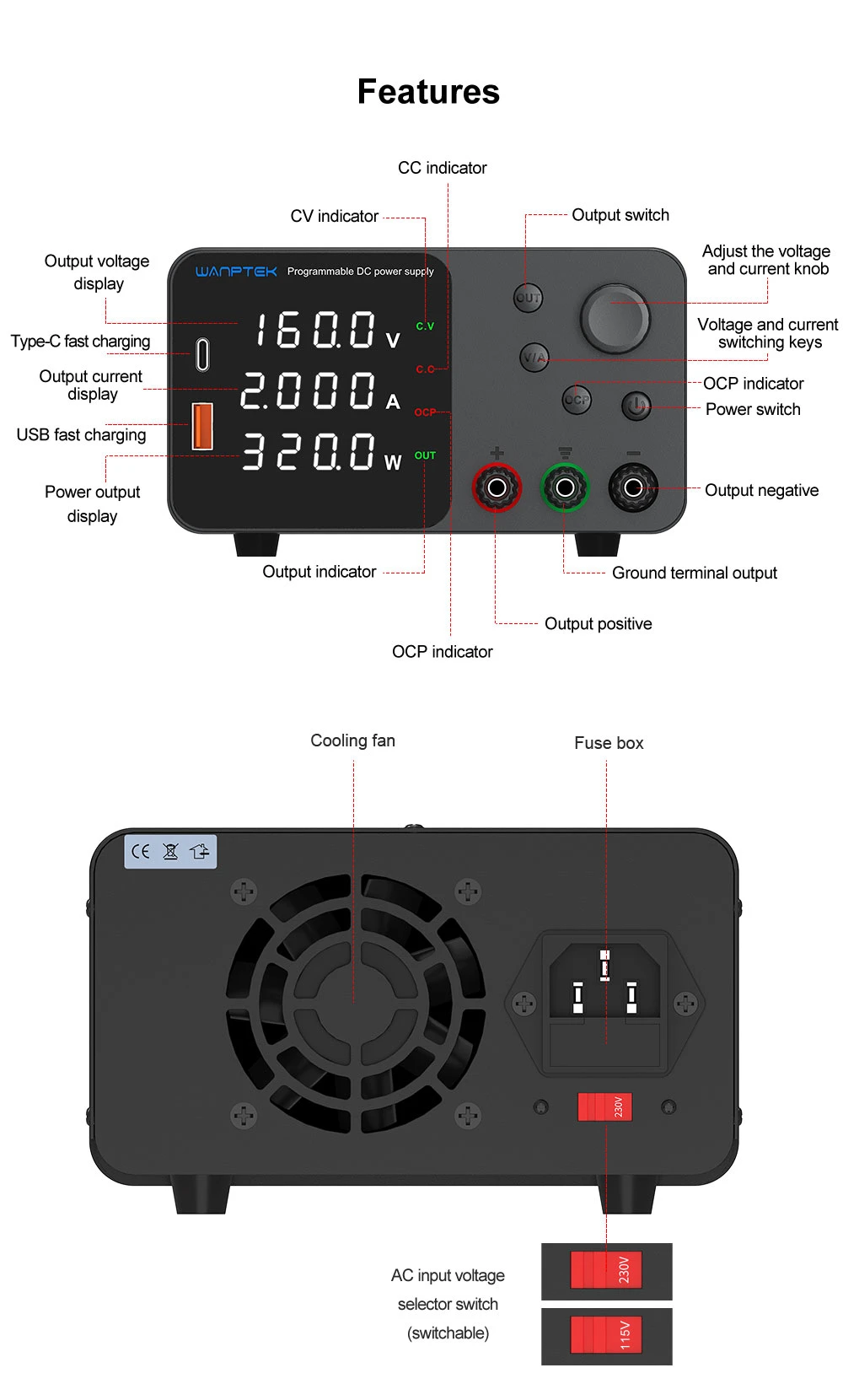 Alimentation CC régulée réglable WANPTEK TPS1602, 160 V 2 A, réglage de l'encodeur, charge rapide USB Type-C, affichage à 4 chiffres, faible bruit, commutation A/V, ventilateur de refroidissement, noir - Prise UE