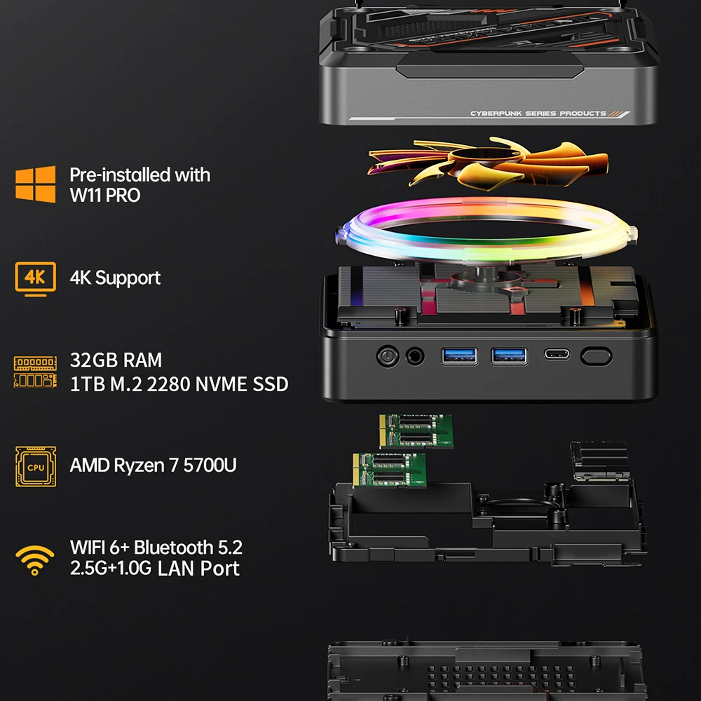 T-bao GOD57 Mini PC, AMD Ryzen 7 5700U 8 Cores Up to 4.3GHz, 32GB RAM 1TB SSD, WiFi 6 Bluetooth 5.2, HDMI/DP/Type-C 4K@60Hz Triple Display, 2*USB 3.2 2*USB 2.0, 1*1000M RJ45 1*2.5G RJ45, 1*3.5mm Headphone Jack, RGB Light, 65W Charging - EU Plug