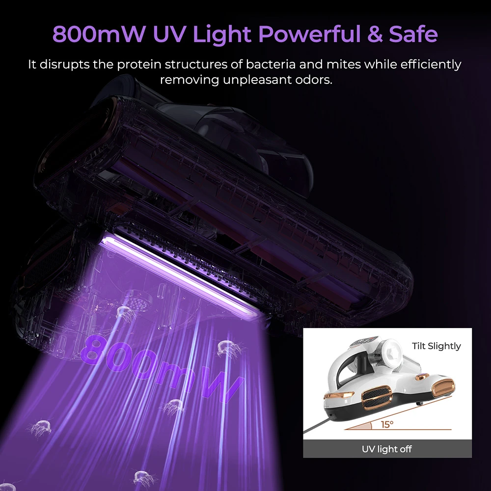JIGOO T600 Dual-Cup Smart Mite Cleaner Bed Vacuum Cleaner with Aroma-Diffuser System, 700W 15KPa Suction, Dust Mite Sensor, UV Light, Ultrasonic Tech, 99.99% Mites Removal, EU Plug - White