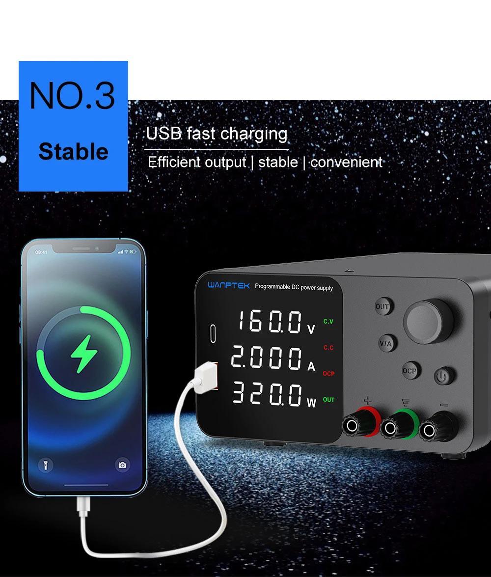 Alimentation CC régulée réglable WANPTEK TPS1602, 160 V 2 A, réglage de l'encodeur, charge rapide USB Type-C, affichage à 4 chiffres, faible bruit, commutation A/V, ventilateur de refroidissement, noir - Prise UE