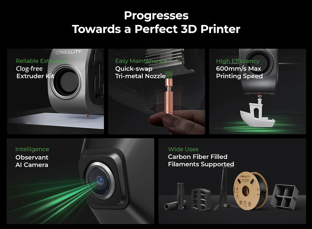 Creality K1C 3D Yazıcı, 600 mm/s Maksimum Hız, Otomatik Tesviye, Yapay Zeka Kamera, Hızlı Değiştirilebilir Nozul, Tamamı Metal Ekstruder, Karbon Fiber Baskılar, Hava Filtresi ve Sessiz Mod