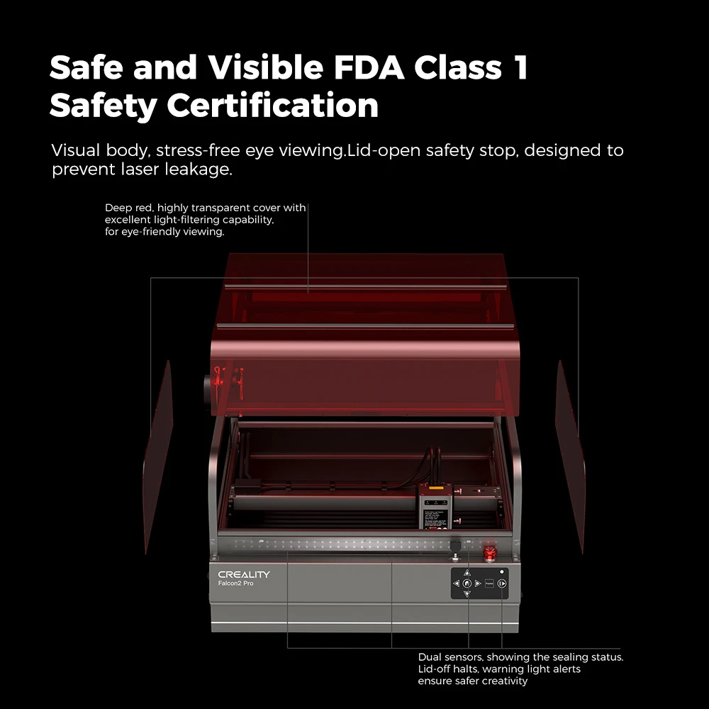 Creality Falcon2 Pro 22W Laser Engraver, FDA Class1 Safety Certification, Integrated Air Assist, Curved Visible Cover, Built-in Camera, Drawer Design, Fence Type Protection Strip, Fire / Airflow / Lens Monitoring, 400x415mm