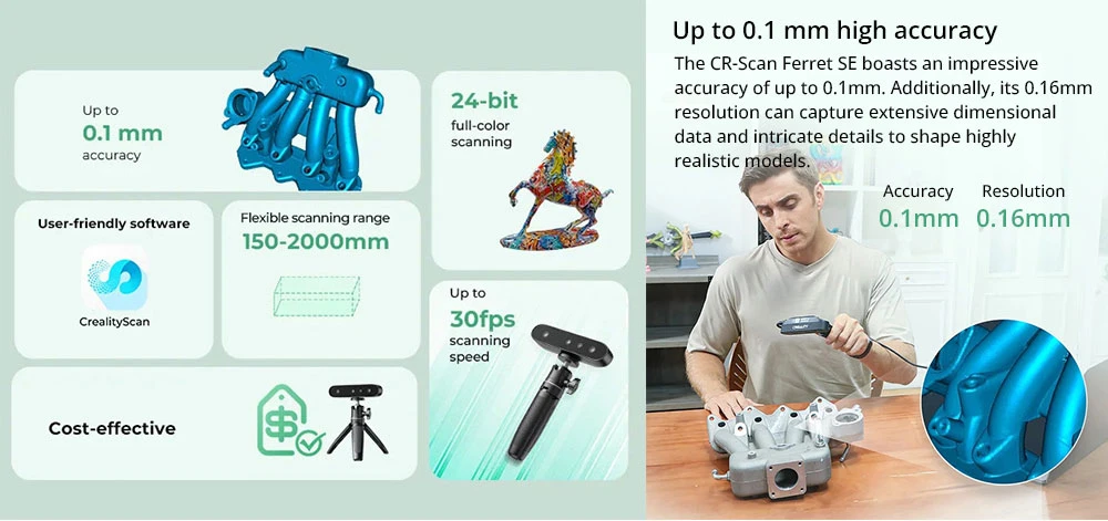 Creality CR-Scan Ferret SE 3D Scanner, Up to 30 fps Scan Speed, 0.1mm Accuracy, 24-bit Full-Color Scanning, Anti-Shake Tracking, 560x820mm Single Capture Range, 150x150mm Minimum Scanning