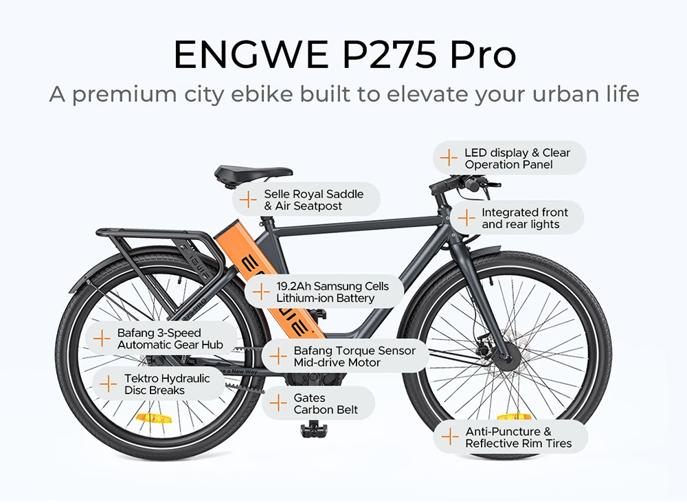 ENGWE P275 Pro City Electric Bike, 27.5'' Spoke Tires, 250W Bafang Brushless Mid-drive Motor, 3-level Automatic Gear Shifter, 36V 19.2Ah Battery, 260km Max Range, Front & Rear Hydraulic Disc Brake - Black Orange