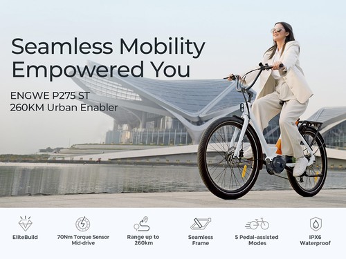 ENGWE P275 ST Urban Electric Bike, 250W Brushless Mid-drive Torque Sensor Motor, 36V 19.2Ah Battery, 260km Max Range, Hydraulic Disc Brake, 27.5'' Spoke Tires, SHIMANO 9-speed - White