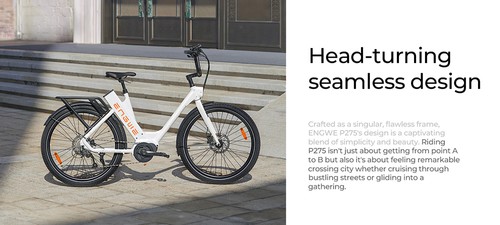 ENGWE P275 ST Urban Electric Bike, 250W Brushless Mid-drive Torque Sensor Motor, 36V 19.2Ah Battery, 260km Max Range, Hydraulic Disc Brake, 27.5'' Spoke Tires, SHIMANO 9-speed - White