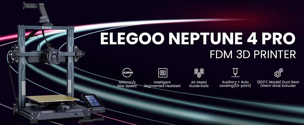 Elegoo Neptune 4 Pro 3D Printer, Auto Leveling, 500mm/s Max Printing Speed, Kllpper Firmware, 300 Celsius High Temperature Nozzle, Cooling Fan, Resume Printing, 225*225*265mm