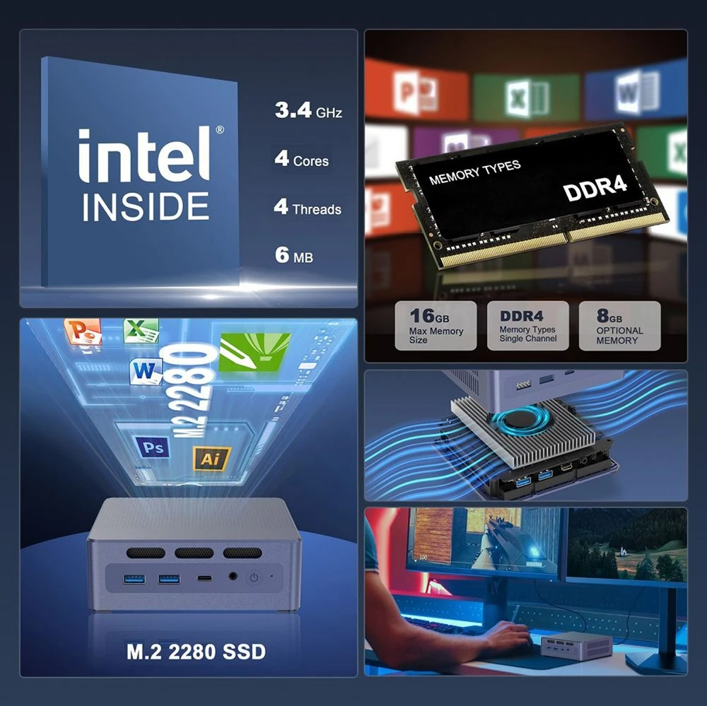 GXMO N95 Mini PC, Intel Alder Lake N95 4 Cores Up to 3.4GHz, 8GB RAM 256GB SSD, DP+HDMI 4K 60Hz Dual Screen Display, Dual-band WiFi Bluetooth 4.2, 4*USB 3.0 1*Type-C 1* 1000M RJ45 1*Audio Jack - US Plug