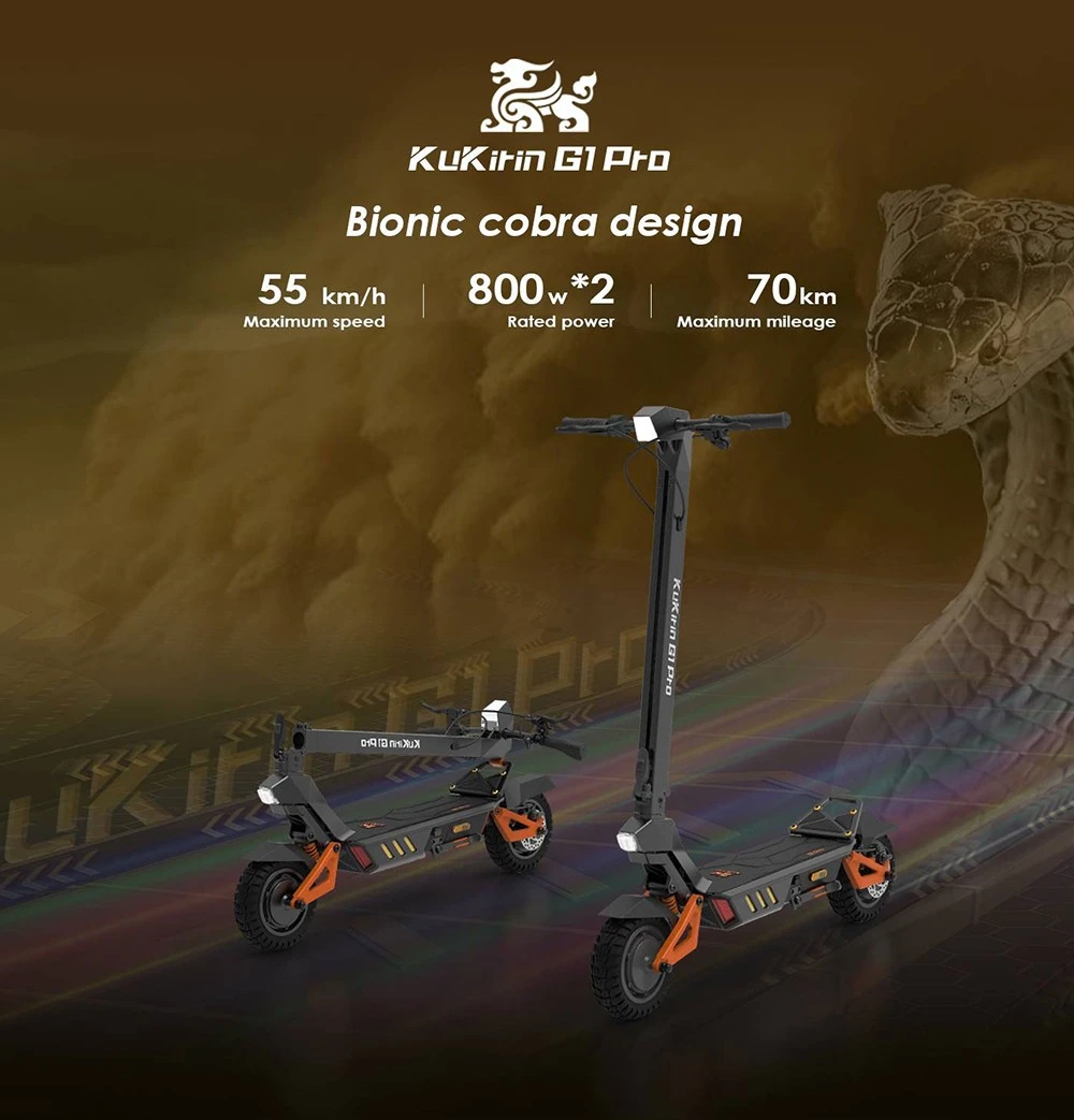 KuKirin G1 Pro Folding Electric Scooter, 10-inch Pneumatic Tire, 2*800W Motor, 48V 20.8Ah Battery, 55km Max Speed, 70km Range, Disc Brake, Ambient Lights