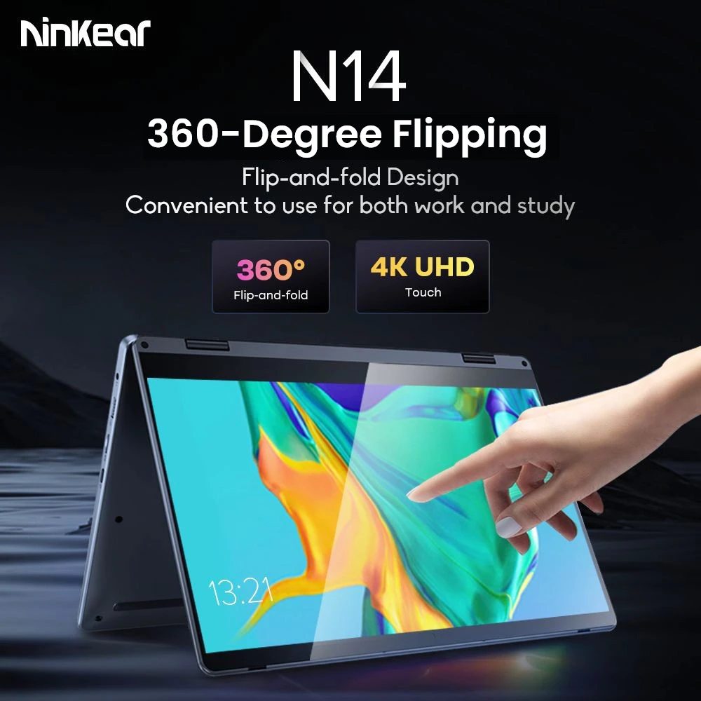 Ninkear N14 Touchscreen Laptop, 14'' 4K IPS Screen, 360° Flipping, Intel Celeron N95 4 Cores Up to 3.4Ghz, 16GB RAM 1TB SSD, Dual-band WiFi Bluetooth4.2, 1*Full-function USB-C 1*USB3.0 1*Micro SD Card Reader, Fingerprint Recognition, Backlit Keyboard