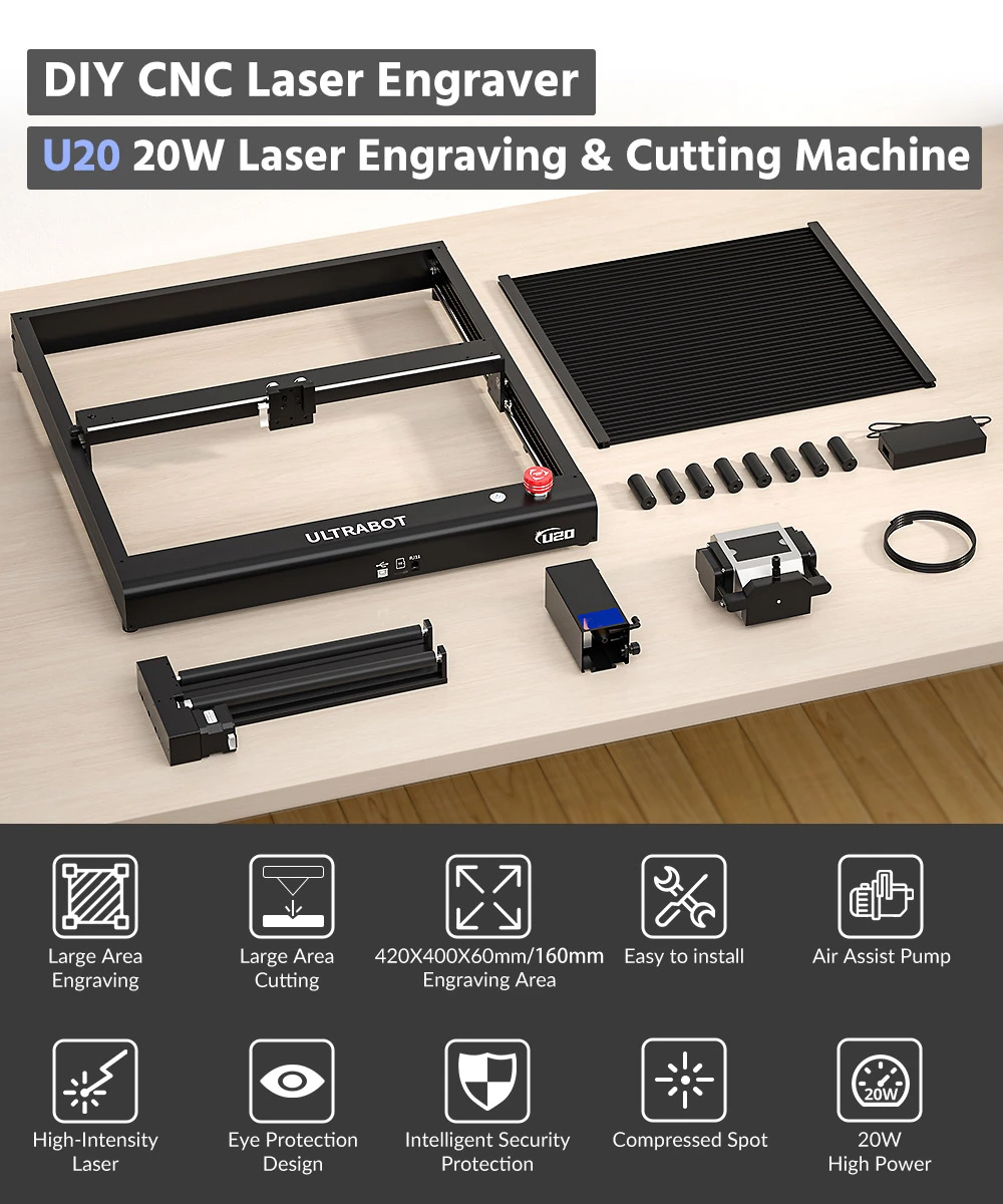 TRONXY Ultrabot U20 20W Laser Engraver, Protective Cover, Air Assist Pump, 360° Rotating Roller, 0.15mm Accuracy, 420x400x60mm - EU Plug