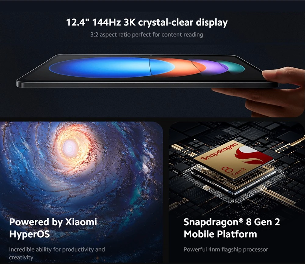 Xiaomi Pad 6S Pro 12.4'' Tablet, 3048*2032 144Hz LCD Screen, Snapdragon 8 Gen 2 CPU, 12GB RAM 256GB ROM, WiFi 7 Bluetooth 5.3, 50MP Main Camera + 32MP Front Camera, 10000mAh Battery, Supports NFC Tag - Blue, Chinese Version