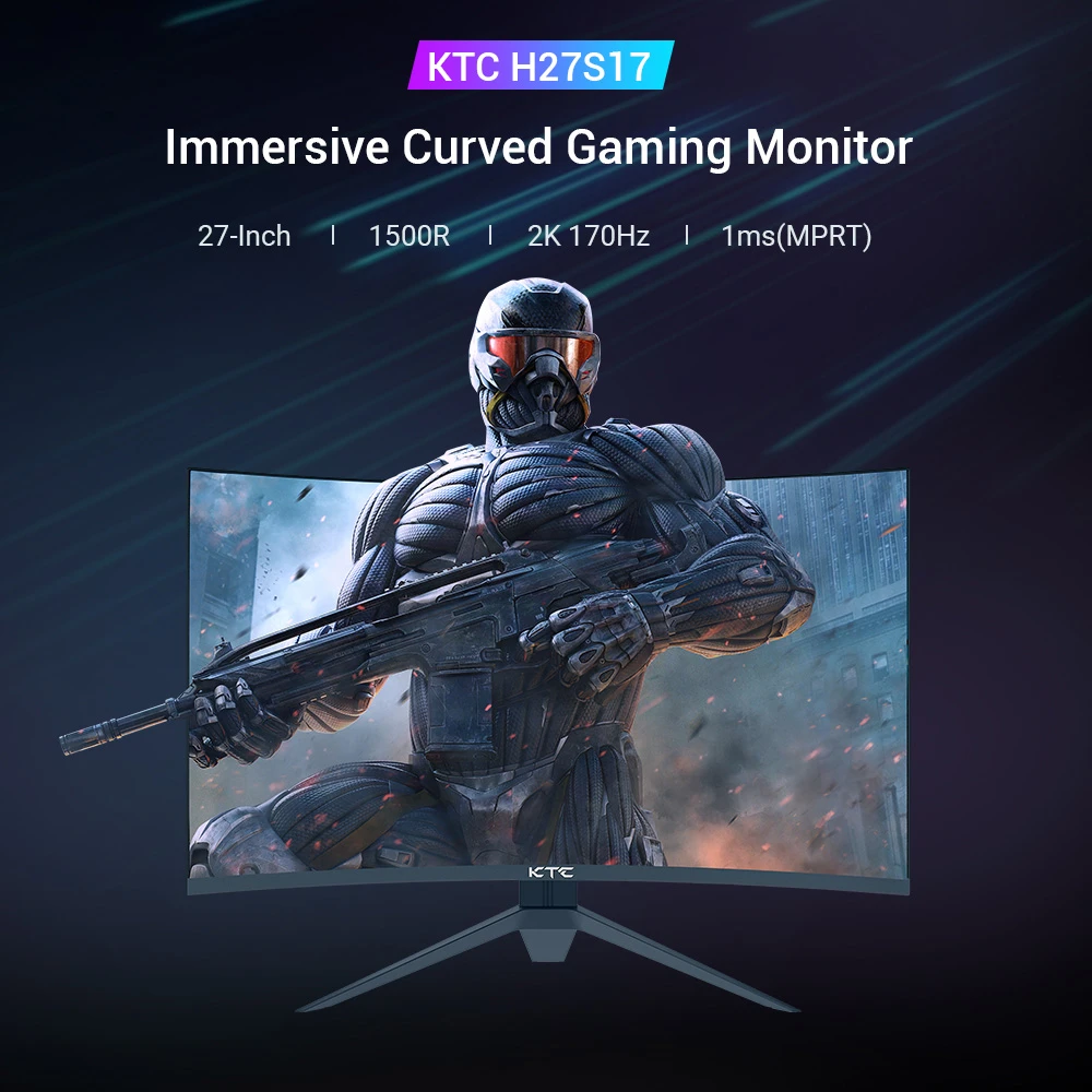 KTC H27S17 27-inch 1500R Curved Gaming Monitor QHD 2560x1440 16:9 ELED 165Hz 99% sRGB 4000:1 Contrast Ratio 1ms MPRT Response Time Low Motion Blur Compatible with FreeSync G-Sync USB HDMI2.0 2xDP1.2 Audio Out VESA Mount