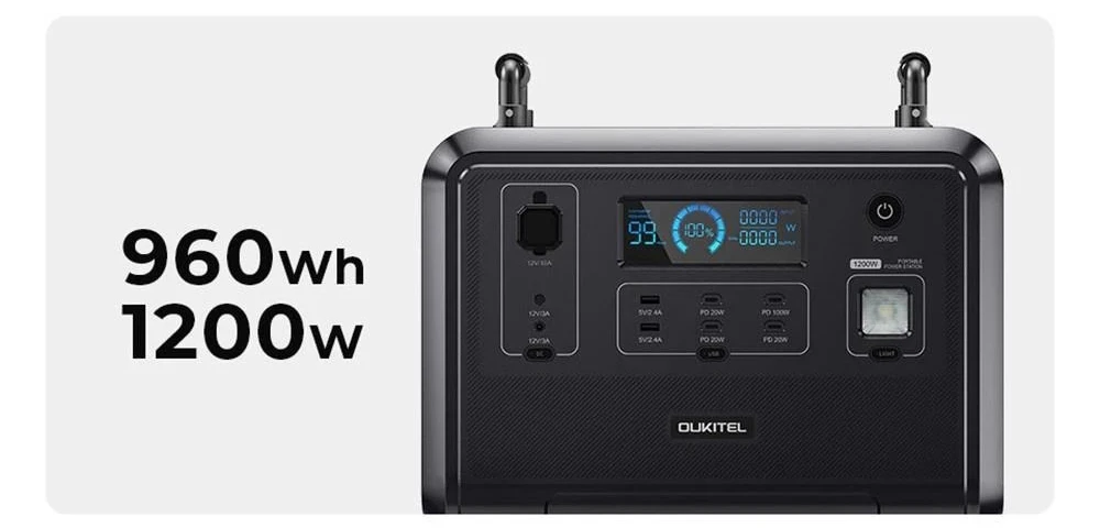 OUKITEL P1201E Portable Power Station, 960Wh LiFePo4 Solar Generator, 1200W AC Output, 2400W Surge, Fully Recharge in 1.5 Hours, 11 Outputs, LED Light