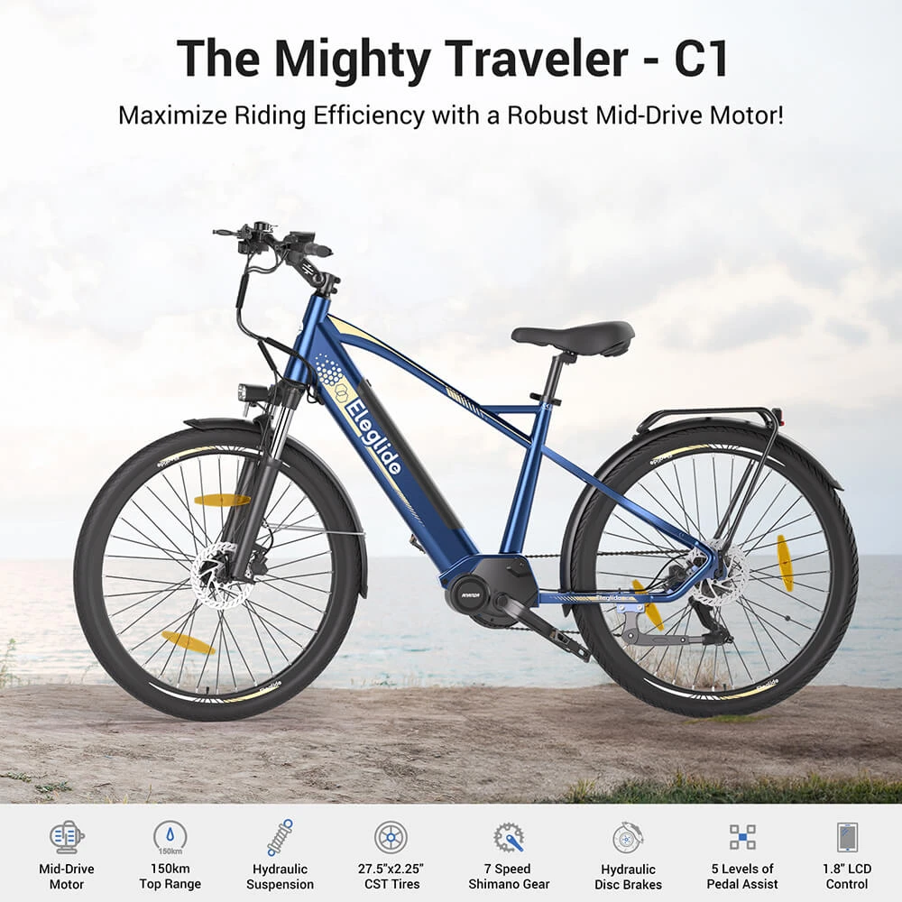 Bicicleta de trekking Eleglide C1 de 27.5 polzades amb motor Ananda de 250 W, bateria de 14.5 Ah, autonomia màxima de 150 km, suspensió hidràulica i; frens de disc hidràulics Shimano 7 Gears - Blau